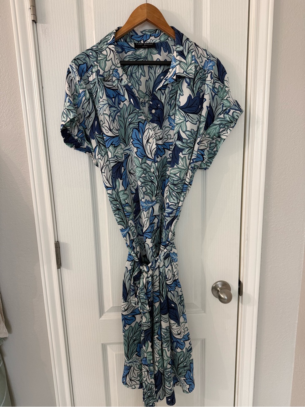 Lane Bryant Printed Short-Sleeve Shirt Dress in Blue and Green